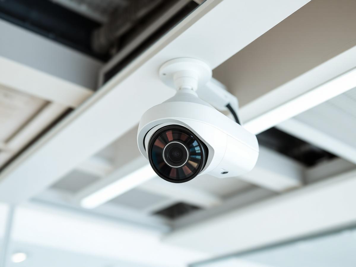 Câmera de segurança CFTV instalada em teto de ambiente corporativo