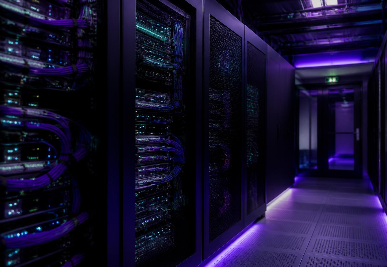 Data center corporativo com servidores e cabeamento estruturado organizado